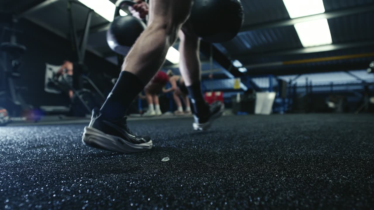 Athlete carrying two kettlebells for the farmers carry during a gym HYROX sim